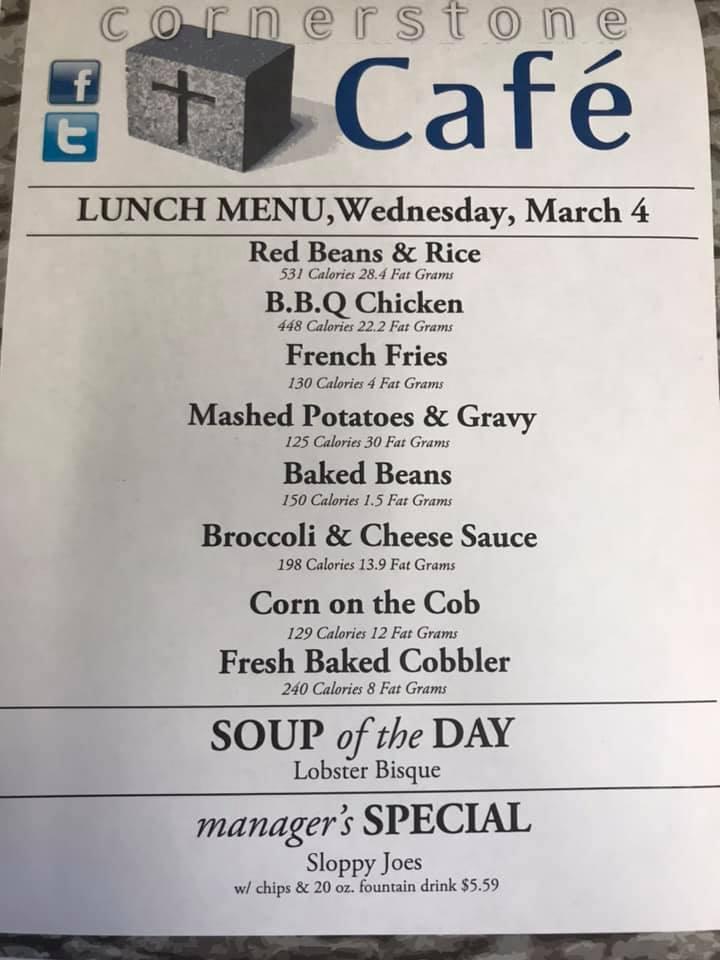 Menu At Cornerstone Cafe At Methodist Rehab Jackson 0989