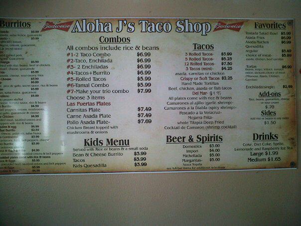 Aloha Joes menu