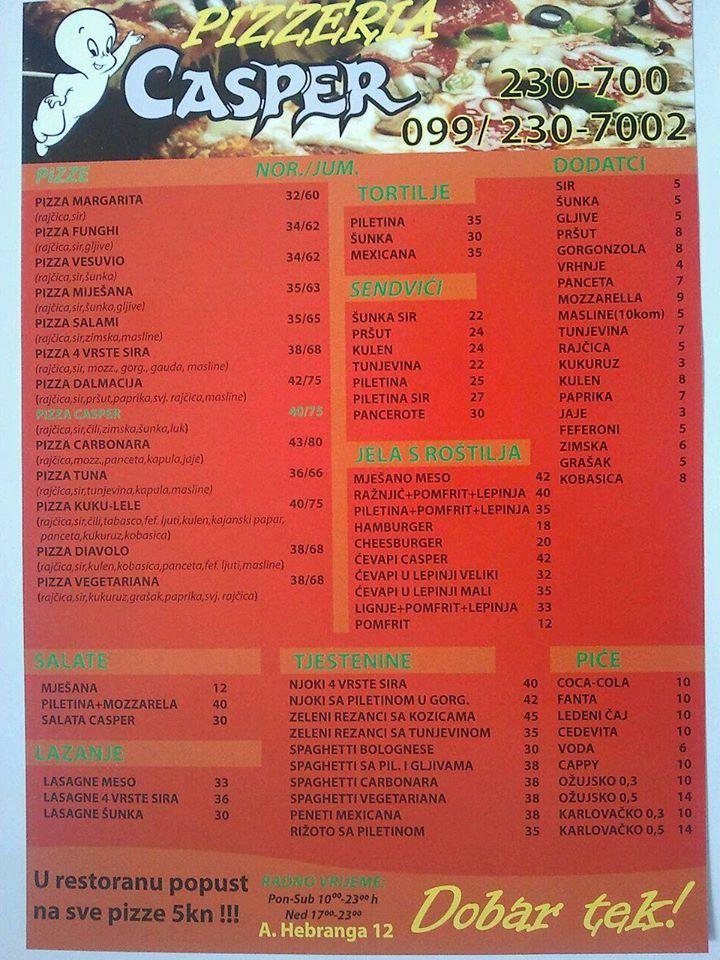 Menu di Pizzera Casper 