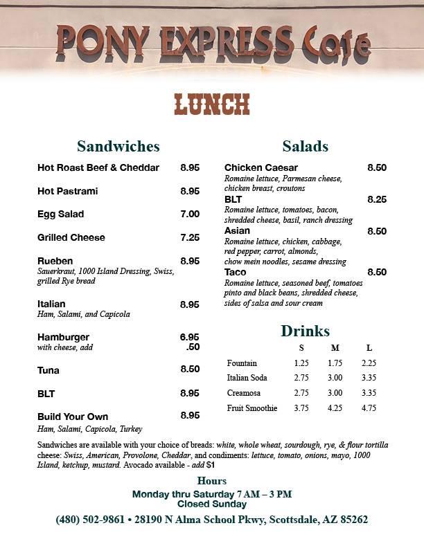 Menu at Pony Express Café restaurant, Scottsdale, N Alma School Pkwy ...