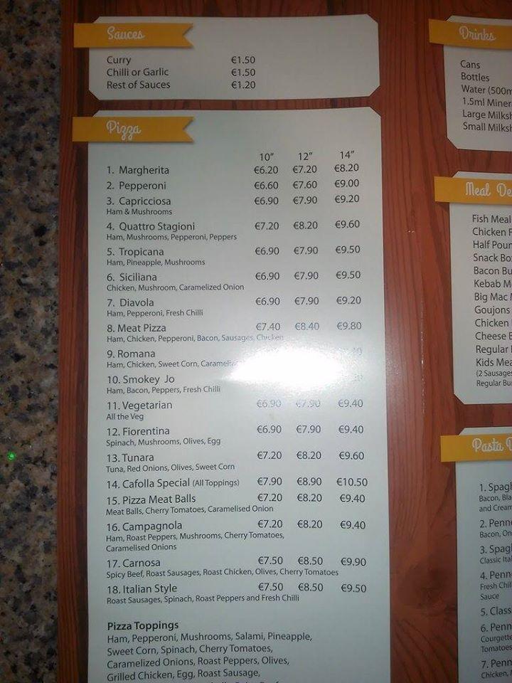 Carta de Cafolla's Takeaway & Pizzeria