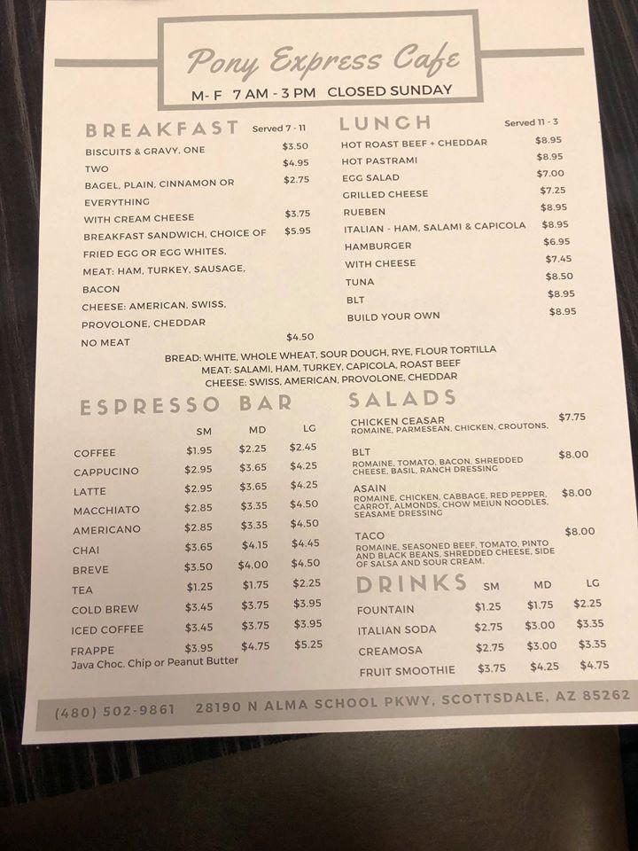 Menu at Pony Express Café restaurant, Scottsdale, N Alma School Pkwy ...