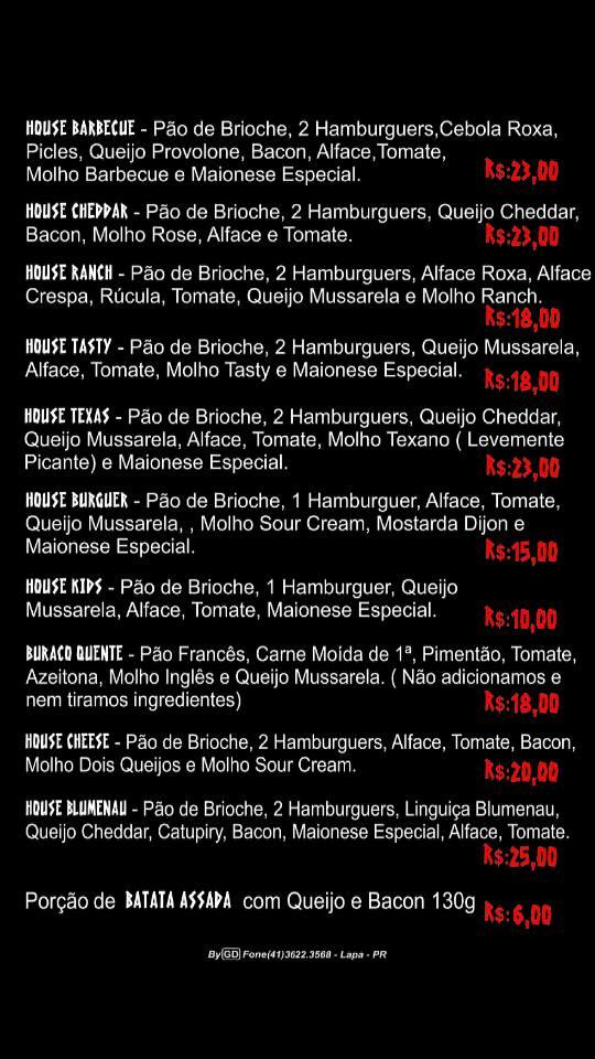 House e Burguer Lapa PR cardápio