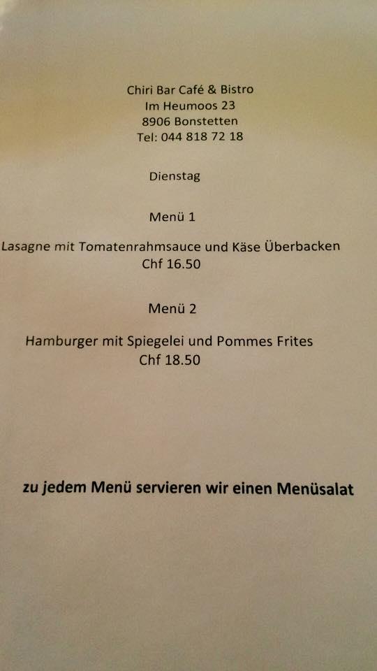 Menu di Chiri Bar Bonstetten Zürich 