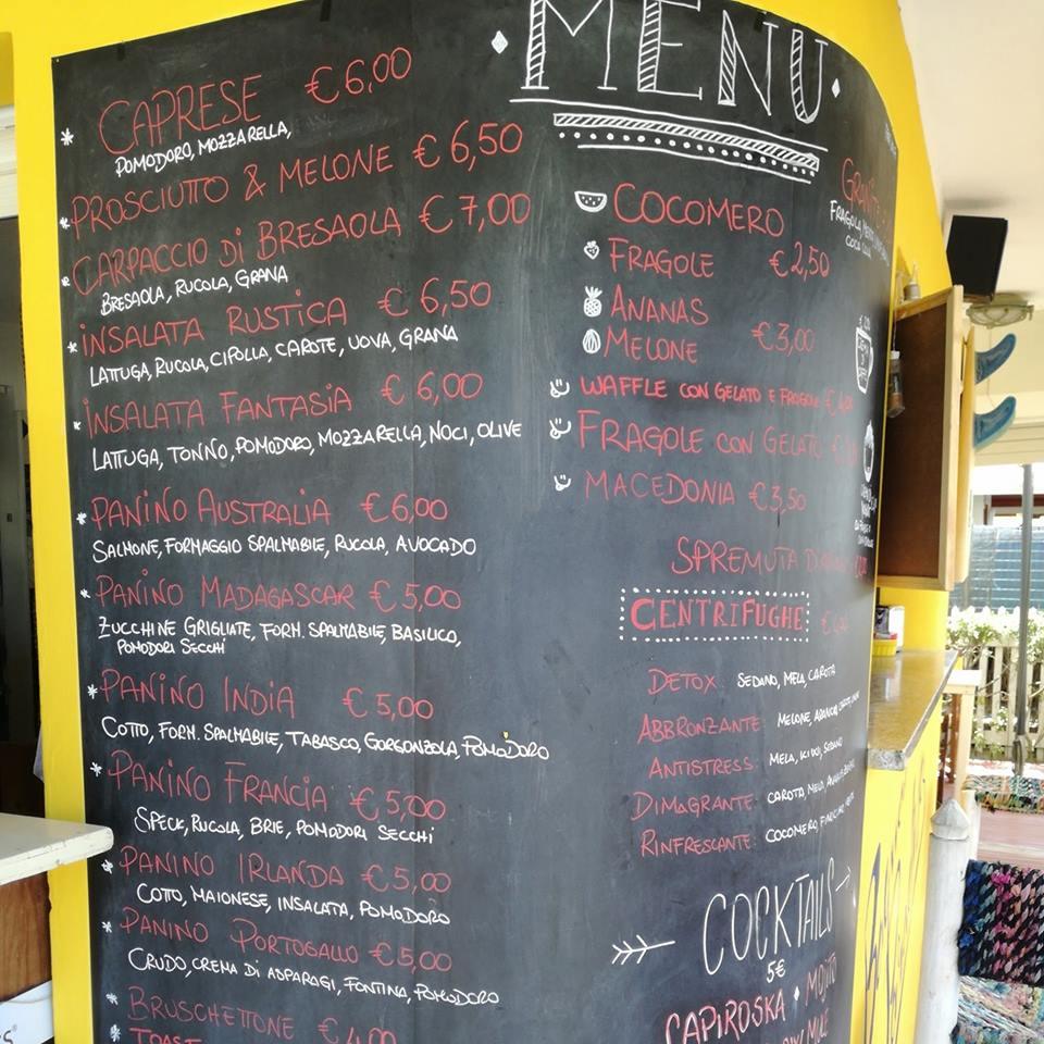 Menu di Bar stabilimento Paradiso 