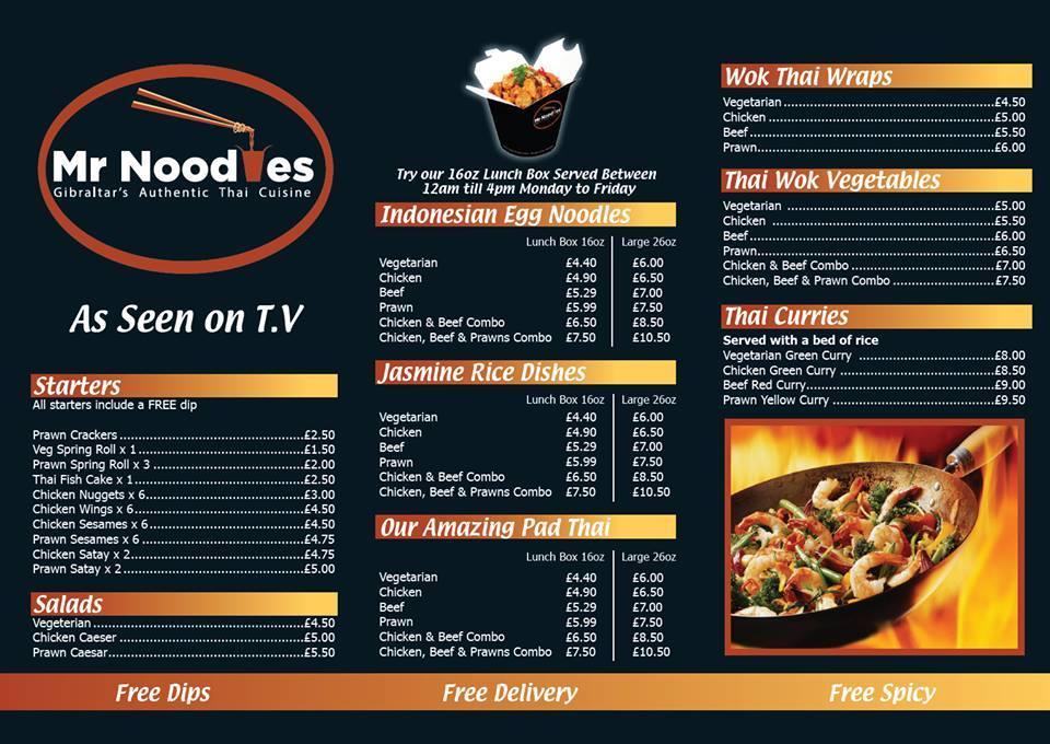 Menu at Mr.Noodles, Gibraltar
