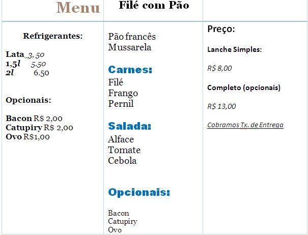 Carta de Filé com Pão Delivery