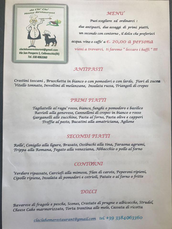 Menu di Da Cla' Cla' Home Restaurant 