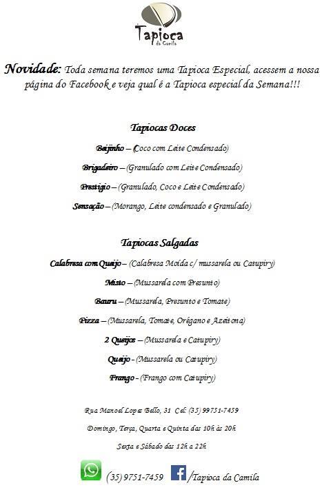 Tapioca da Camila cardápio