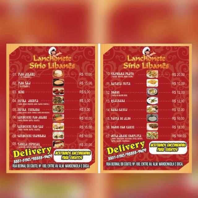 Lanchonete Sírio Libanês cardápio