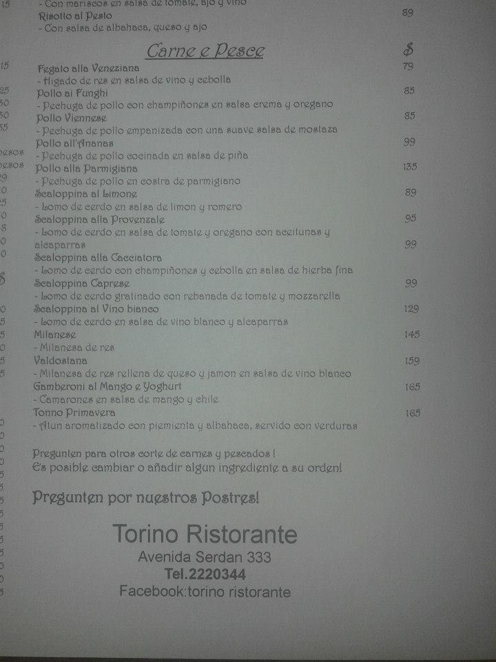 Eventos Torino Ristorante menu