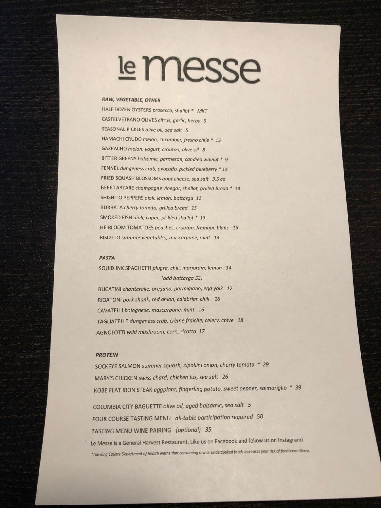 Le Messe menu