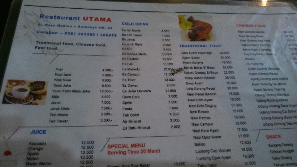 Restaurant Utama menu