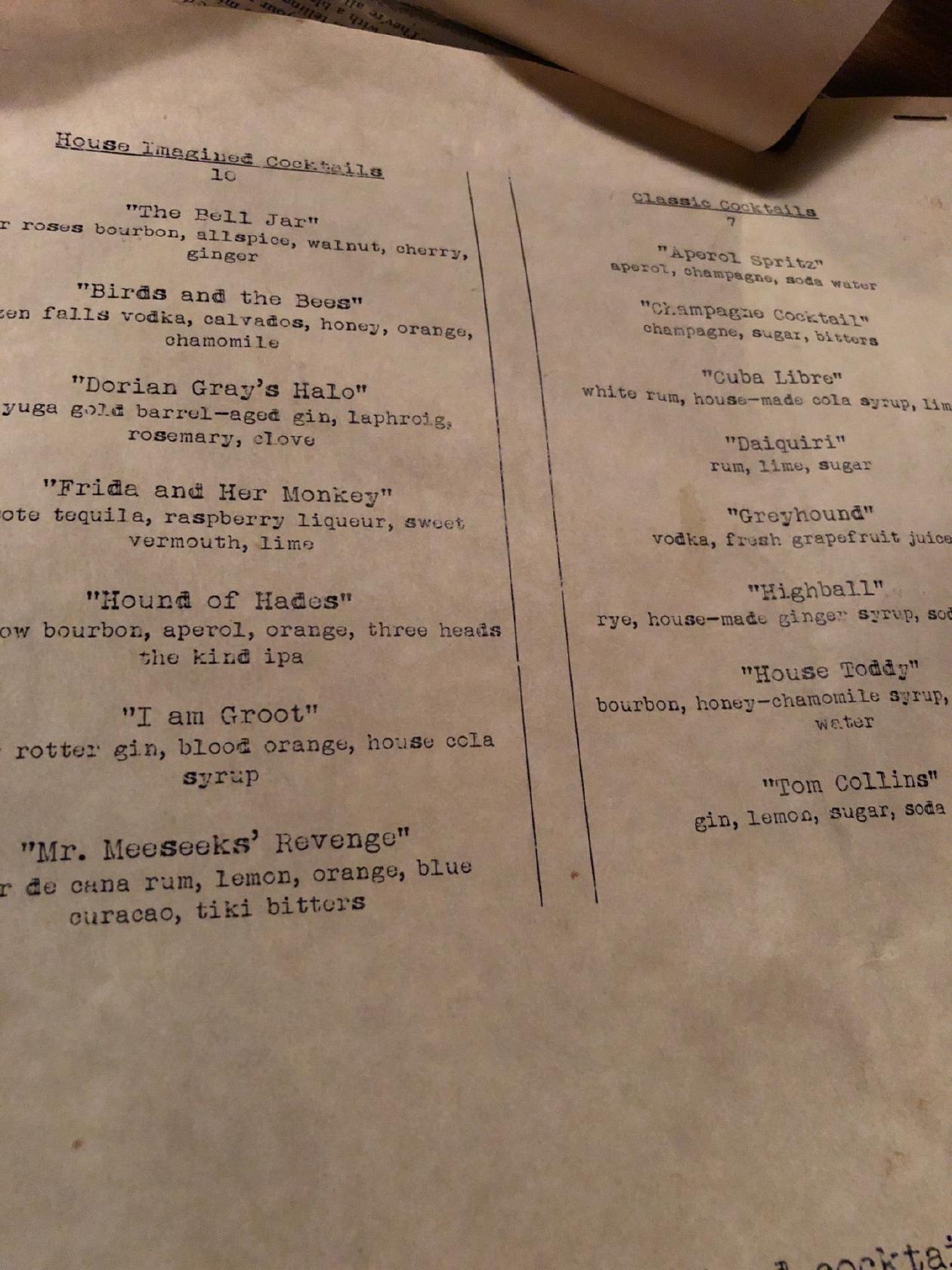 Carta de Nox Cocktail Lounge