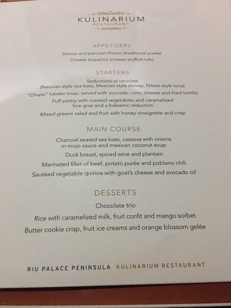 Kulinarium Riu Menu Menu at Kulinarium restaurant, Cancún