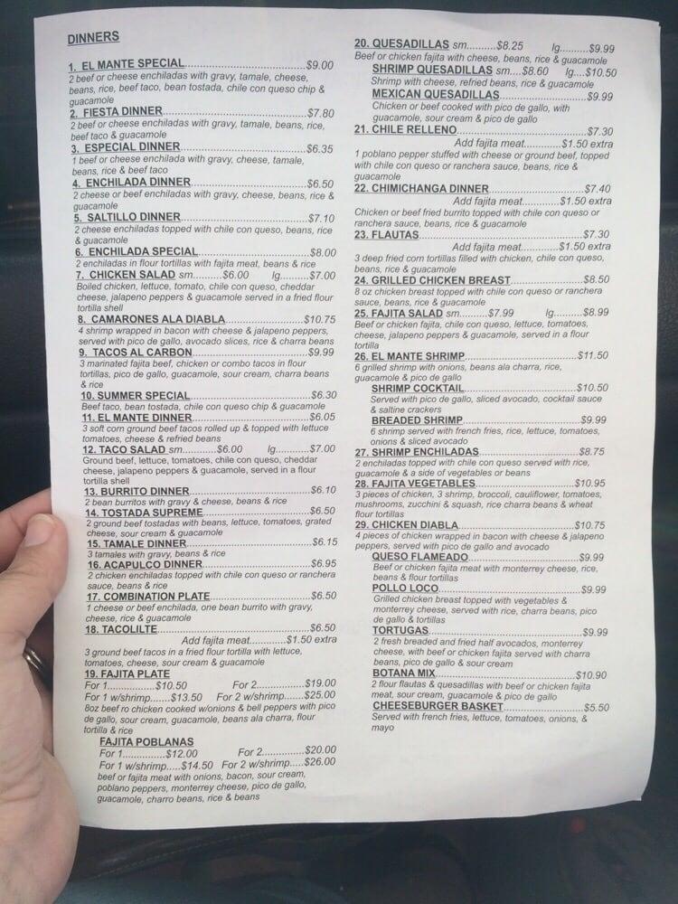 Menu at El Mante restaurant, Onalaska, Us190