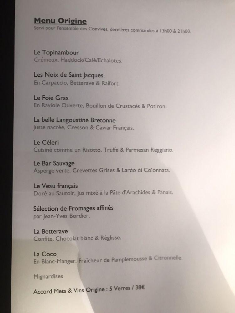 Restaurant Origine menu