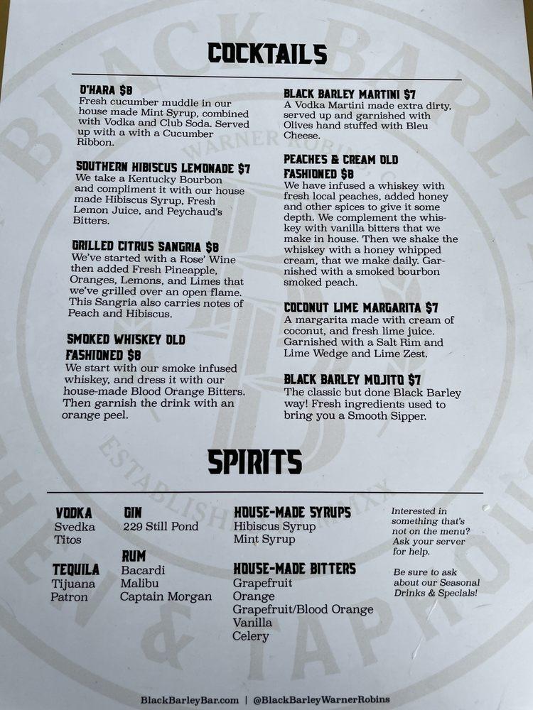Menu at Black Barley Kitchen & Taphouse, Warner Robins