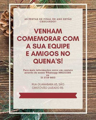 A publicidade mostra informações sobre o Quena's Confeitaria