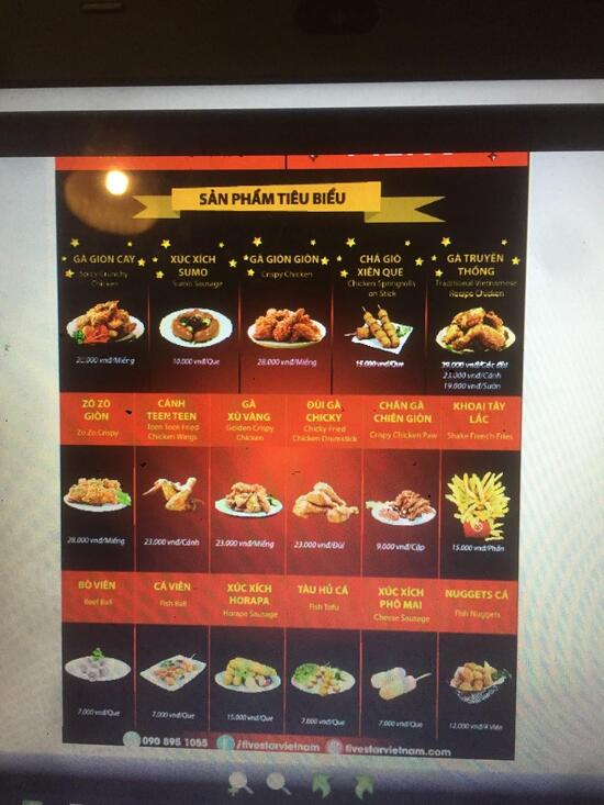 Menu at Gà Rán Five Star Cầu Xe restaurant, Vietnam