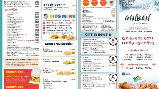 Menu at Ginban Restaurant & Takeaway, Kells