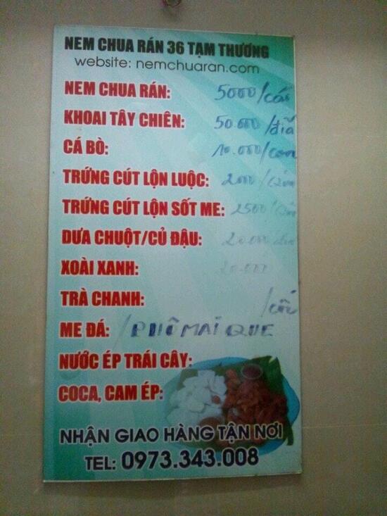 Menu at Nem Chua Ran Store - 36 Tam Thuong restaurant, Hanoi