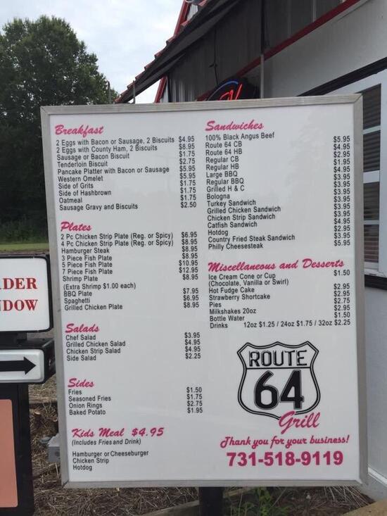 Menu at Route 64 restaurant, Bolivar, Highway 64