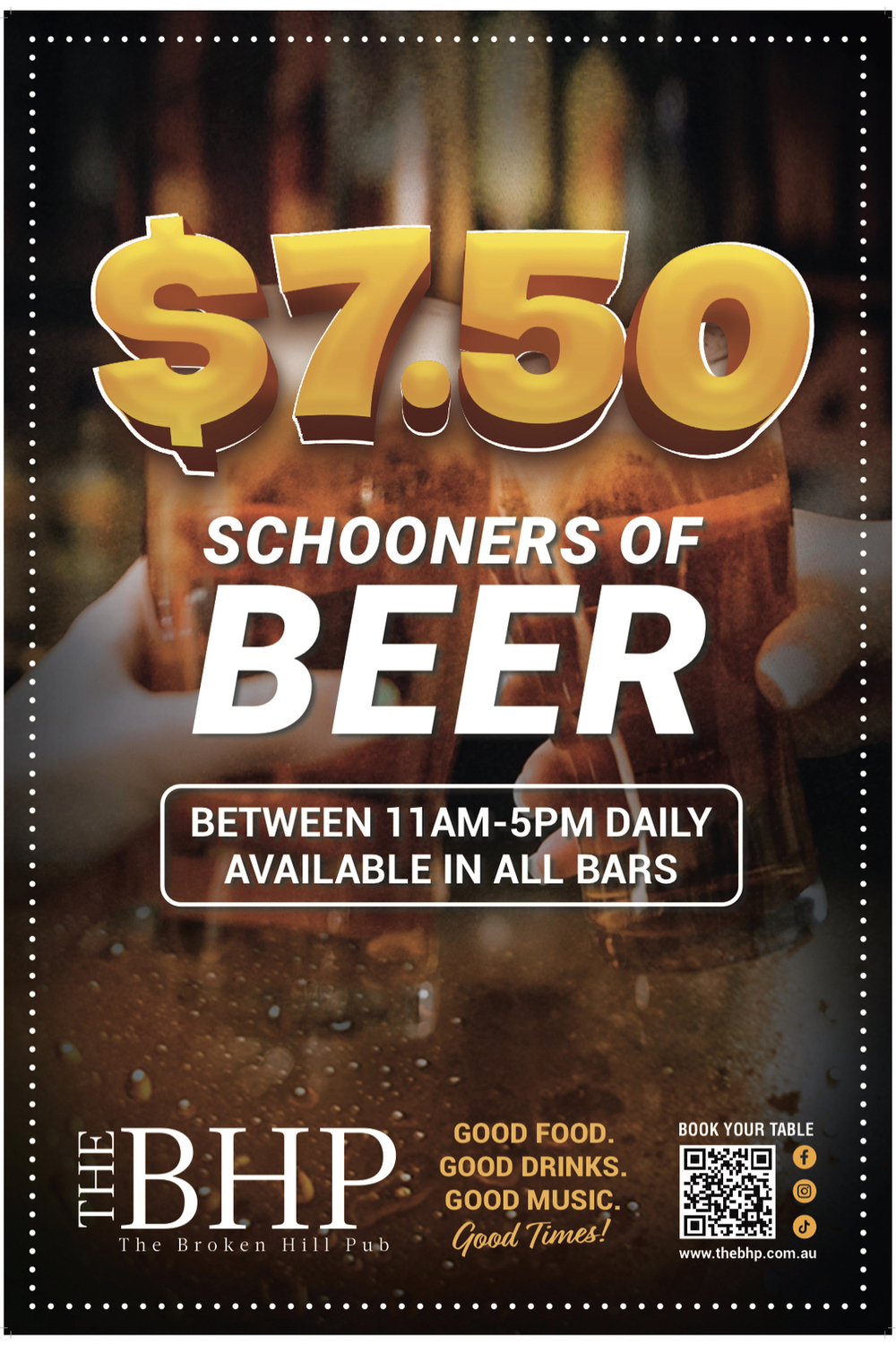 $7.50 schooners of tap beer